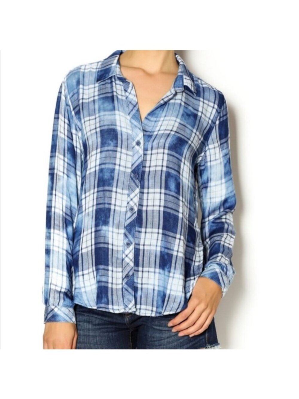 Anthropologie Cloth & Stone Buffalo Plaid Acid Wash Button Up Sz M Boho Country